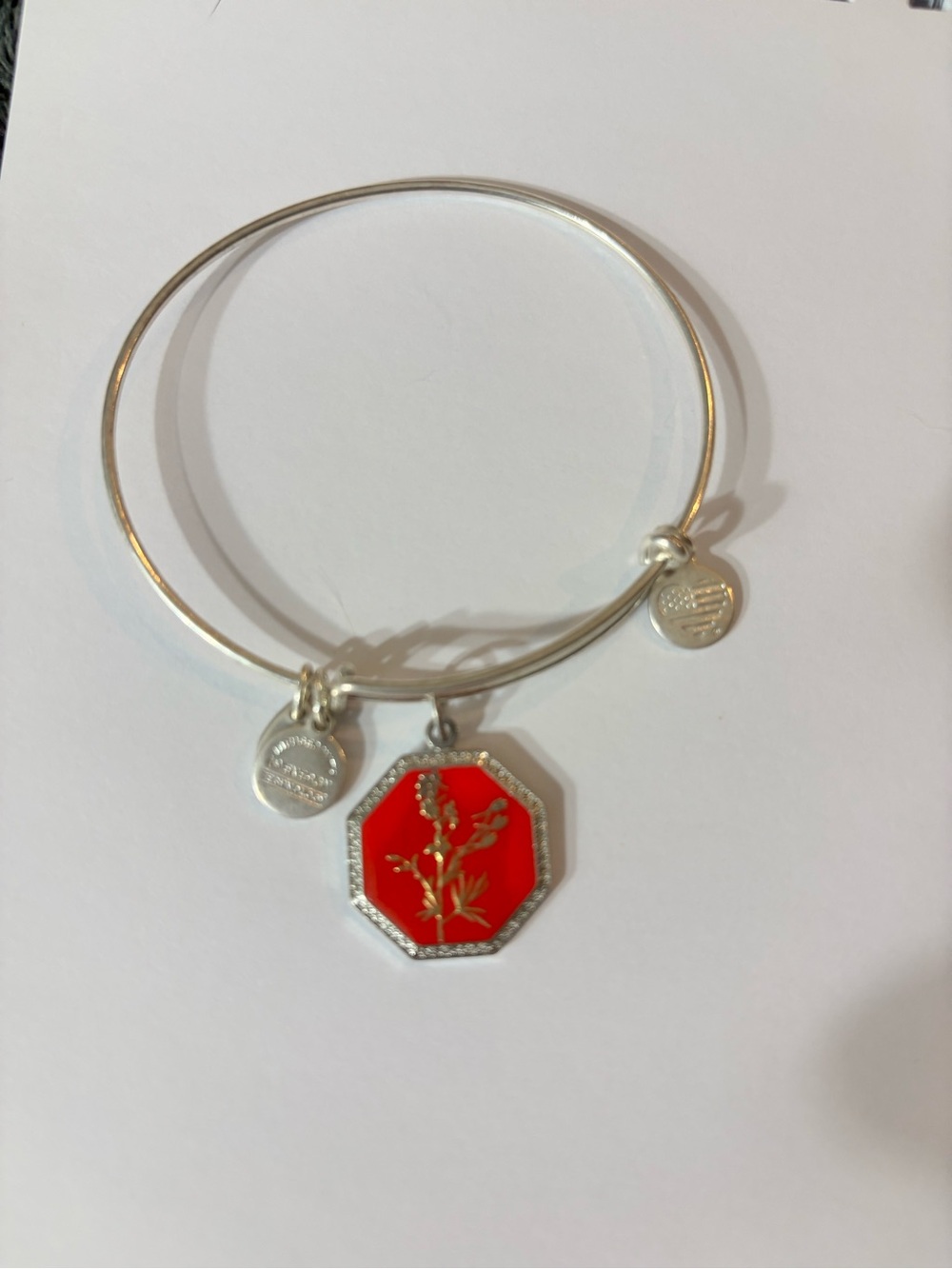 Alex and Ani Silver Bangle with Red Octagon Floral Charm